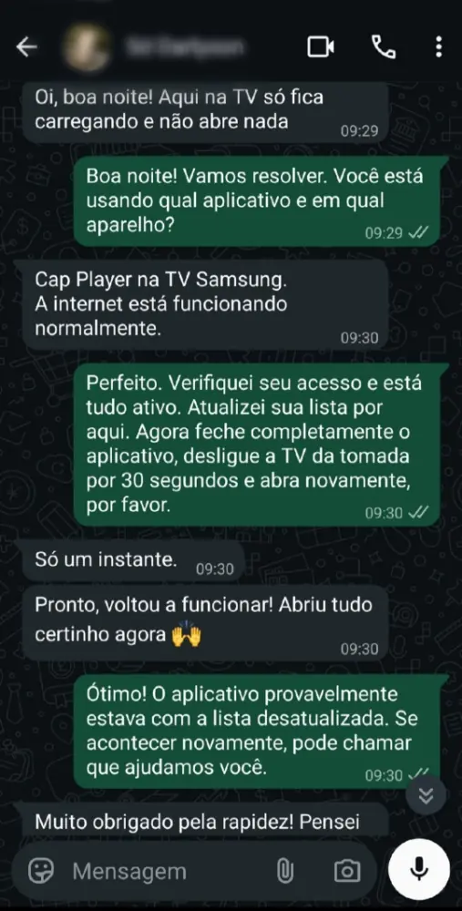 Captura de conversa no WhatsApp com cliente da Triton Play (depoimento 1 de 3)