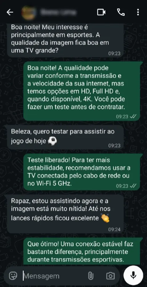 Captura de conversa no WhatsApp com cliente da Triton Play (depoimento 3 de 3)