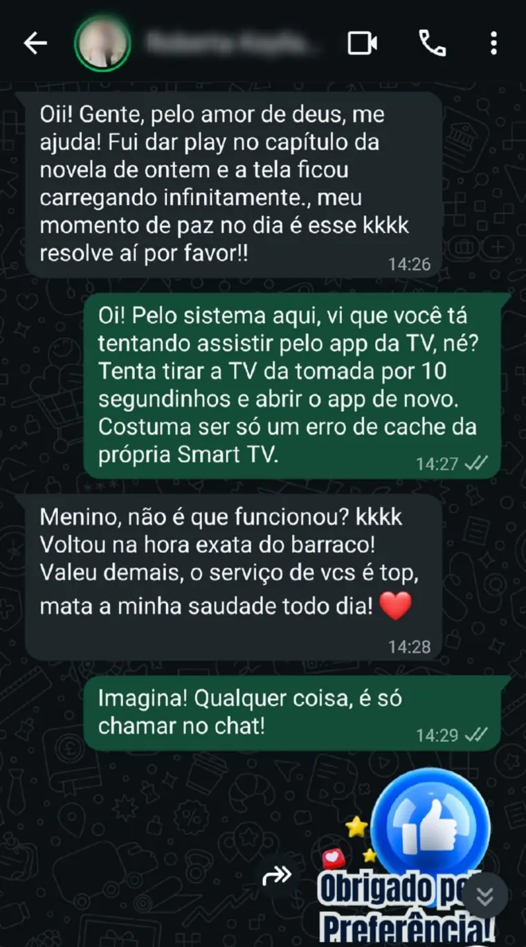 Captura de conversa no WhatsApp com cliente da Triton Play (depoimento 2 de 3)