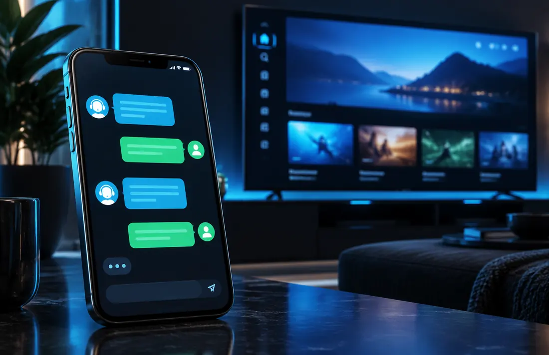 Smartphone exibindo atendimento por mensagens com uma Smart TV ao fundo